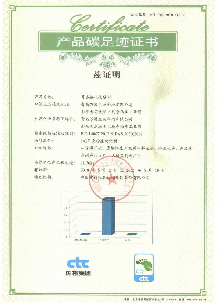 貝殼粉涂料產品碳足跡證書